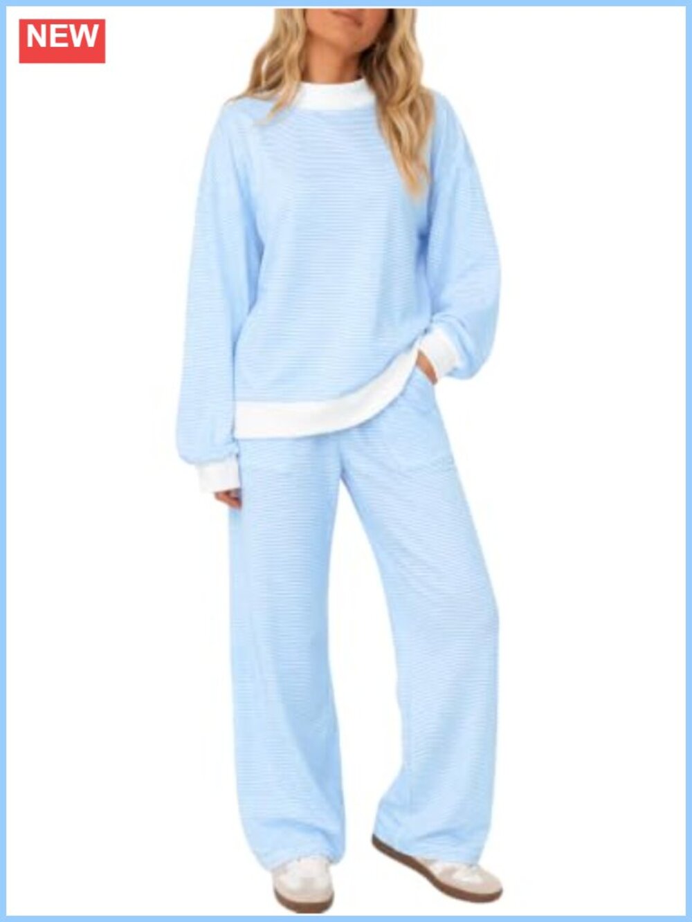 Striped 2 Piece Lounge Set Mock Neck Wide Leg Pants Pullover Drop Shoulder